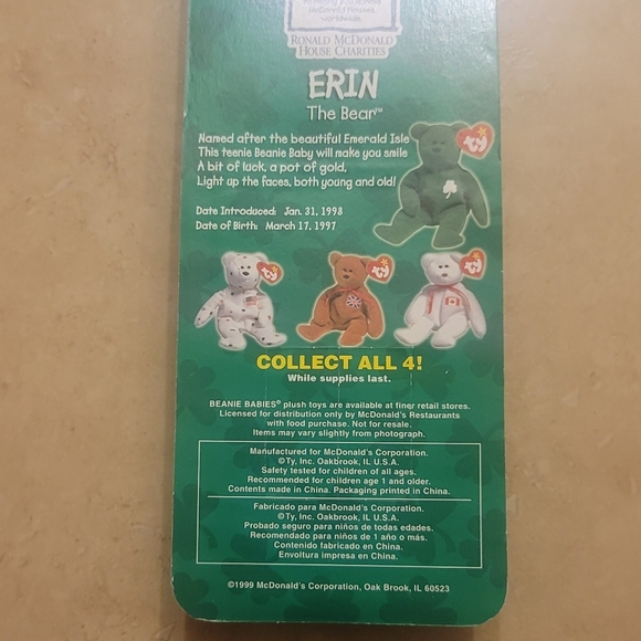 Erin The Bear-1997 McDonald's Ty Beanie Baby With Rare Errors 1993 OakBrook - Picture 6 of 6